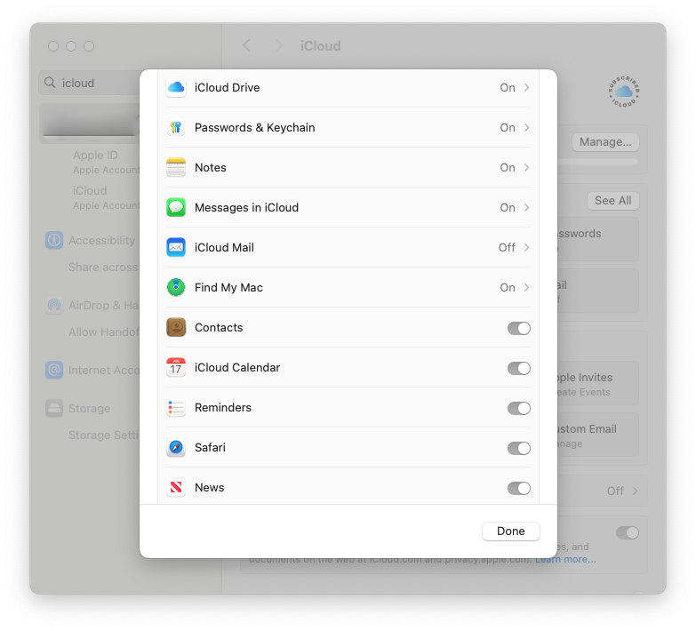 iCloud settings showing Reminders sync enabled
