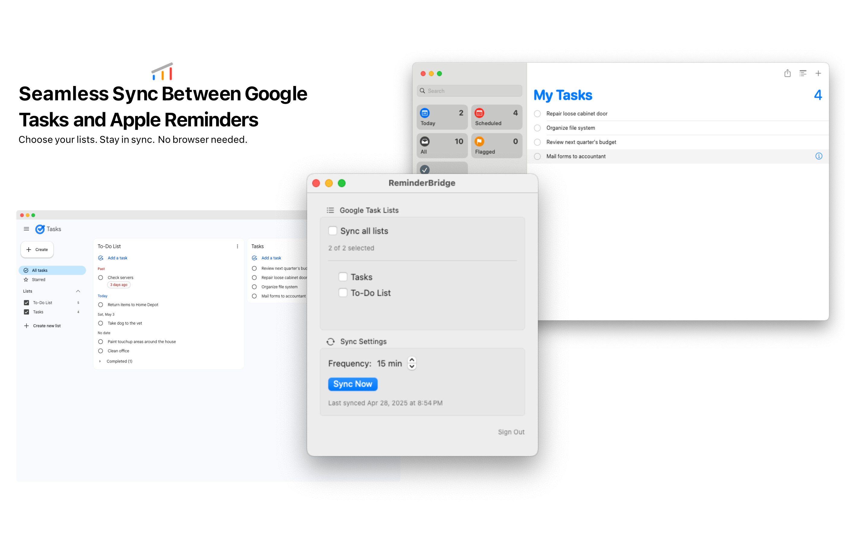 Screenshot of ReminderBridge syncing Google Tasks with Apple Reminders on macOS